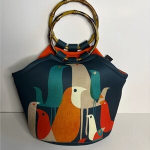 Art of Lunch Multicolor Bird Print Tote with Bamboo Handles